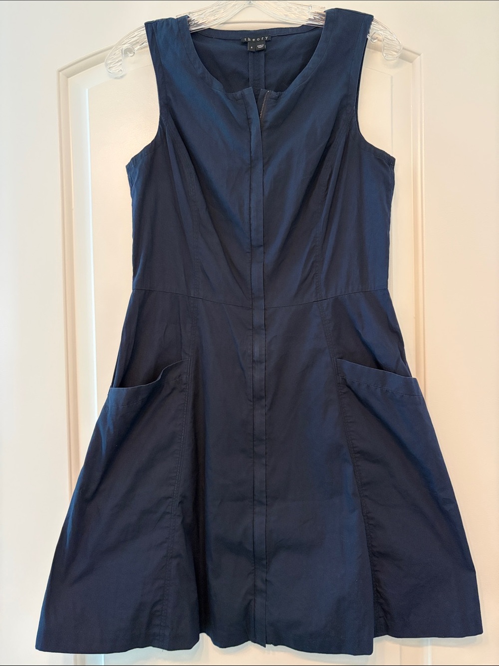 Theory Navy Sleeveless Fit-and-Flare Midi zip up Basic Lightweight Dress, 6